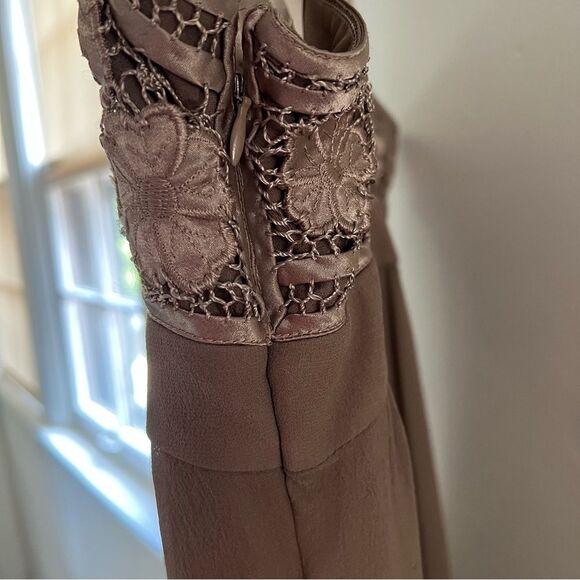 Sue Wong Vintage Silk Dress Y2K Embroidered Bubble Hem Taupe Mini Size XS - Picture 4 of 11